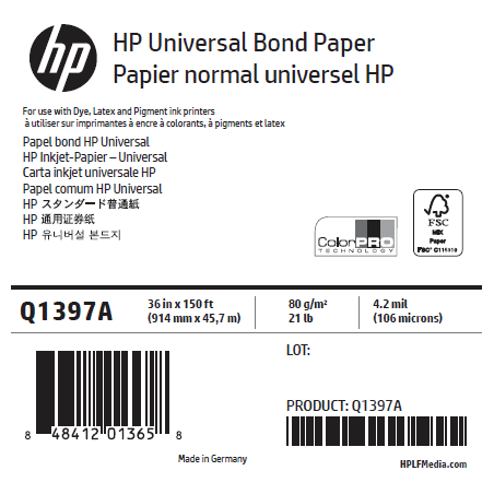 Rouleau Papier Universel HP - 0,914 x 45,72 m - 80g