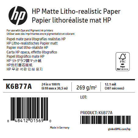 Rouleau Papier Mat Litho-Réaliste HP - 0,610 x 30,50 m - 270g