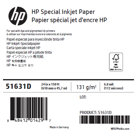 Papier Spécial Jet d'Encre HP - 0,610 x 45,72 m - 90g
