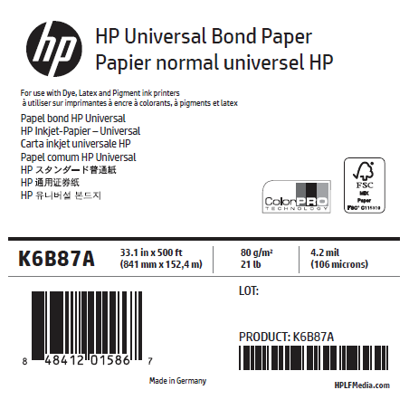 Rouleau Papier Universel HP PageWide - 0,841 x 152,4 m - 80g