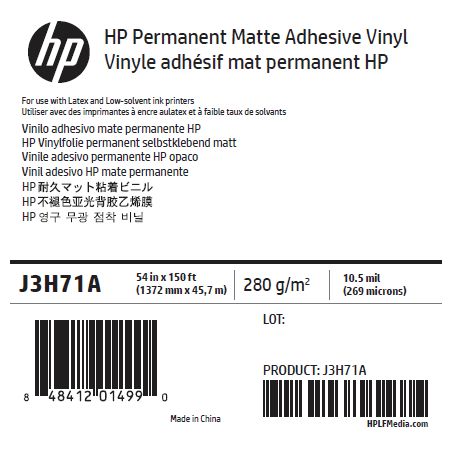 Vinyle Adhésif Mat HP - 1,372 x 45,7 m - 150g