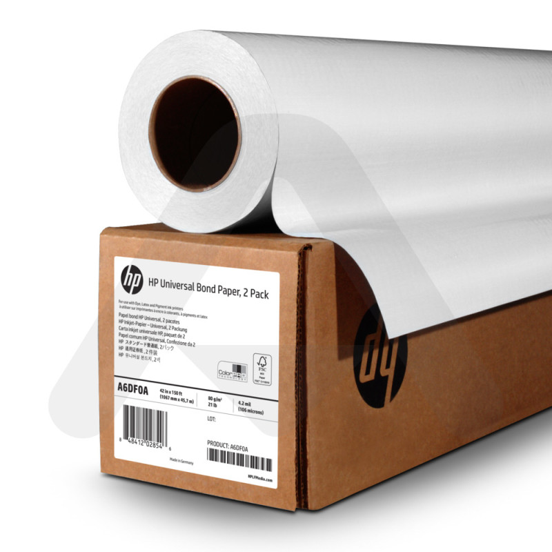 Rouleau de papier HP universel Bond, 1067 mm x 45,72 m, 80 g/m², pack de 2 bobines sur carton HP.