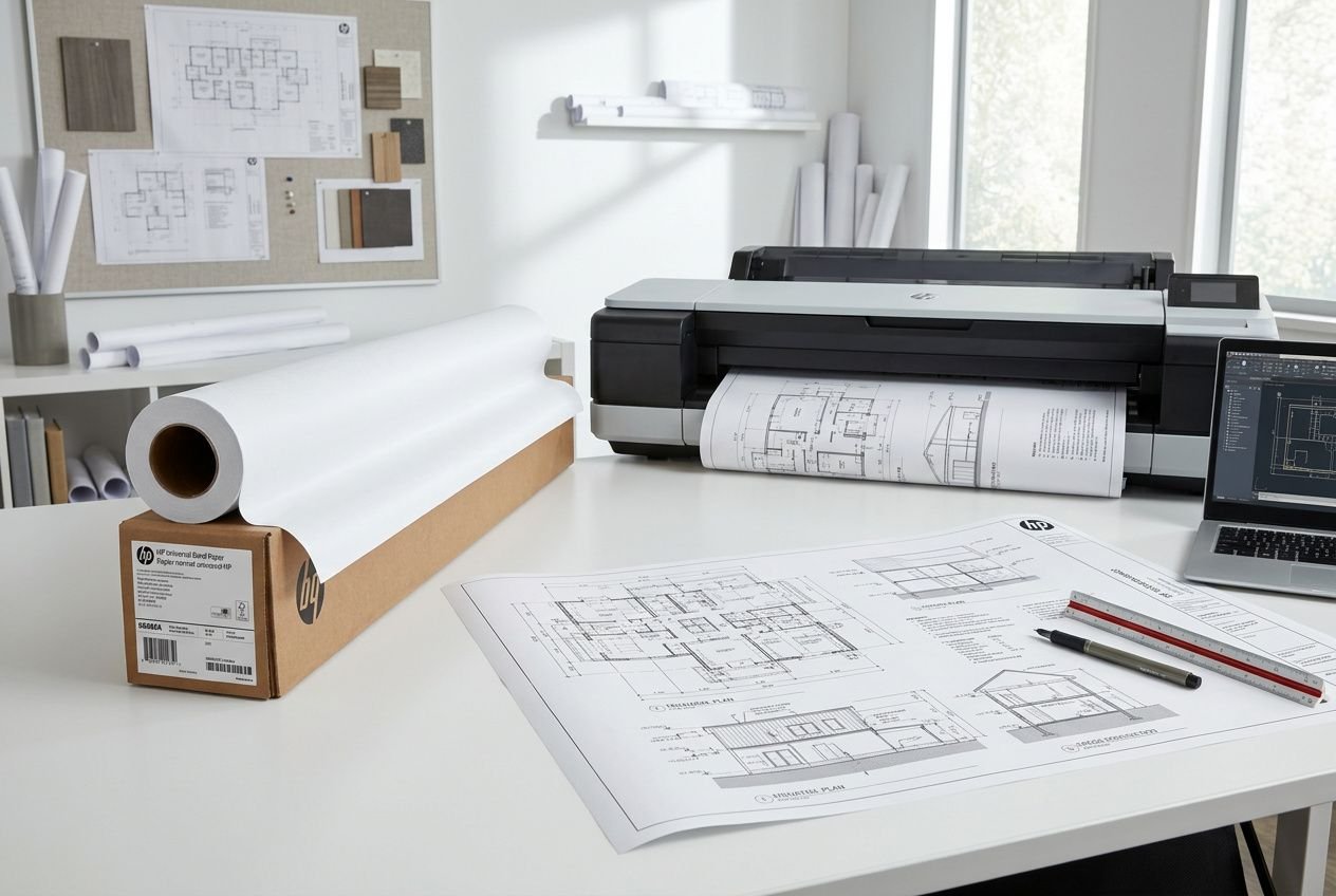 Affiche technique en impression sur format papier A1: plans et croquis imprimés sur grand rouleau, imprimante à résine et bureau avec ordinateur.