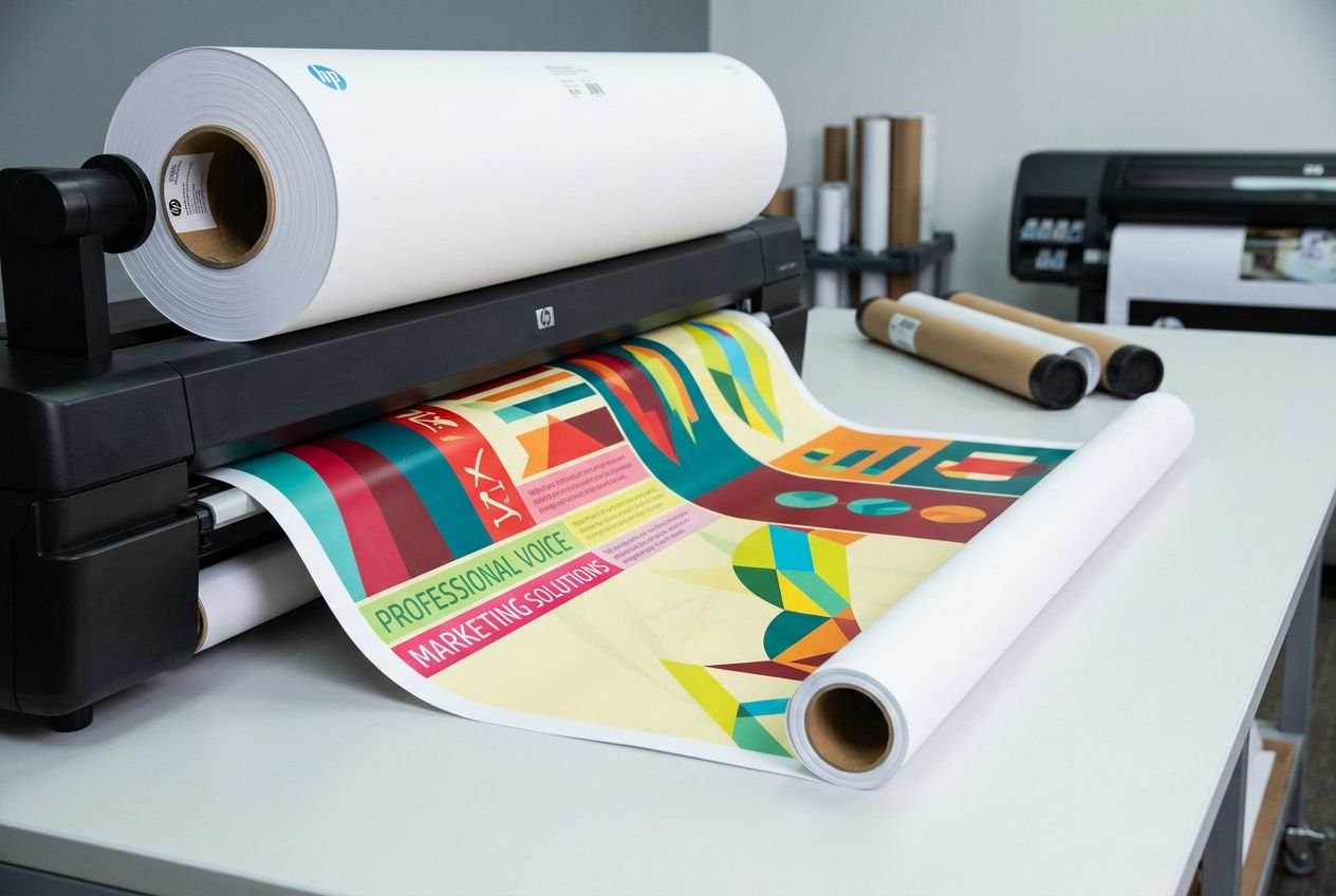 Bobine papier grand format hp posée sur traceur, impression couleur avec rouleau blanc prêt à dérouler.