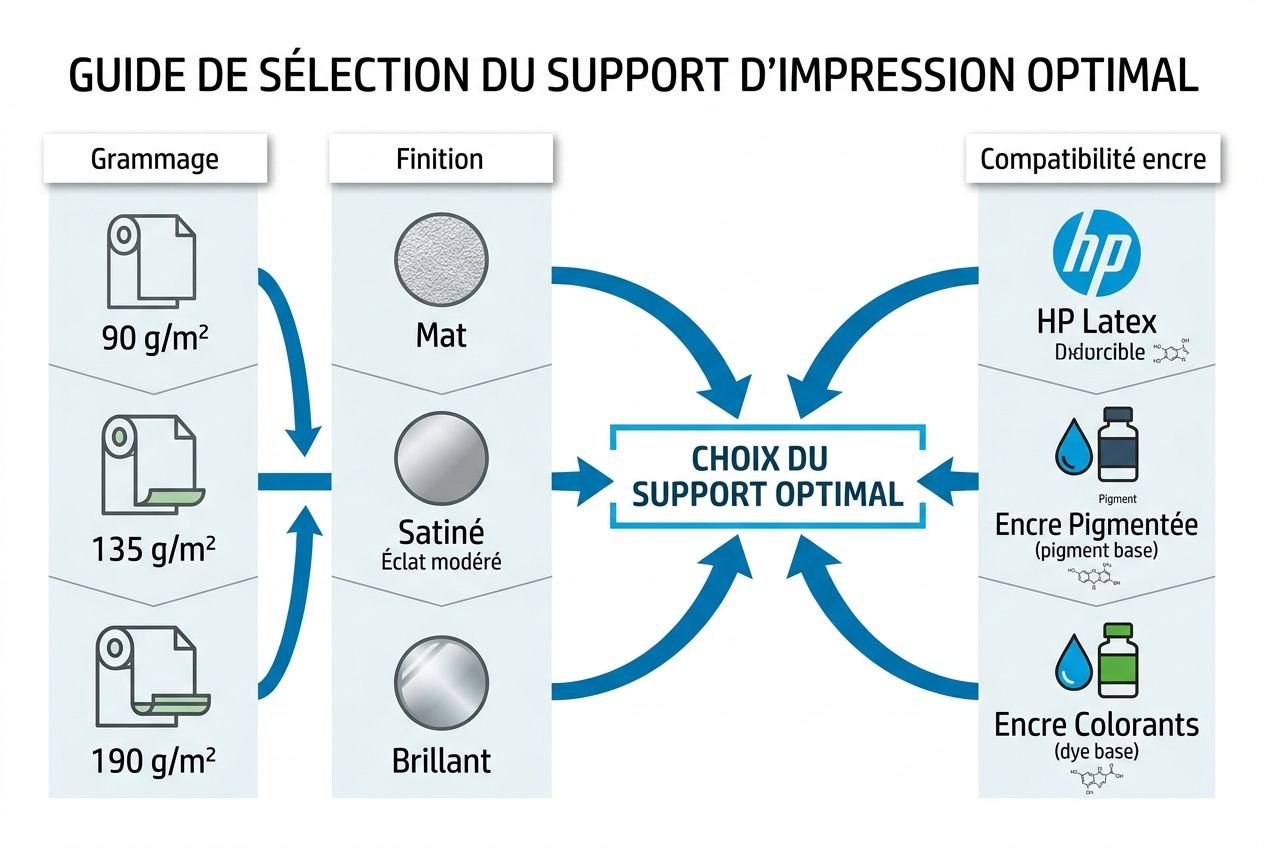 Bobine papier grand format hp, rouleau pour traceur, illustration guide de sélection du support d’impression optimal avec grammages et finitions.