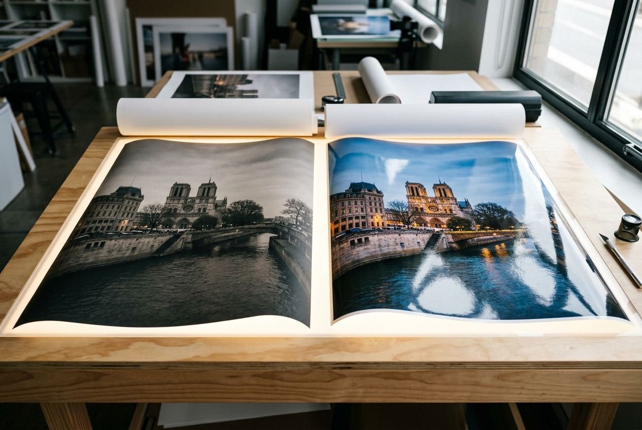 Deux pages d’un livre photo allongé sur une table en bois, montrant une photo de ville avec pont et cathédrale, en intérieur lumineux. Différence papier mat et brillant évoquée naturellement.
