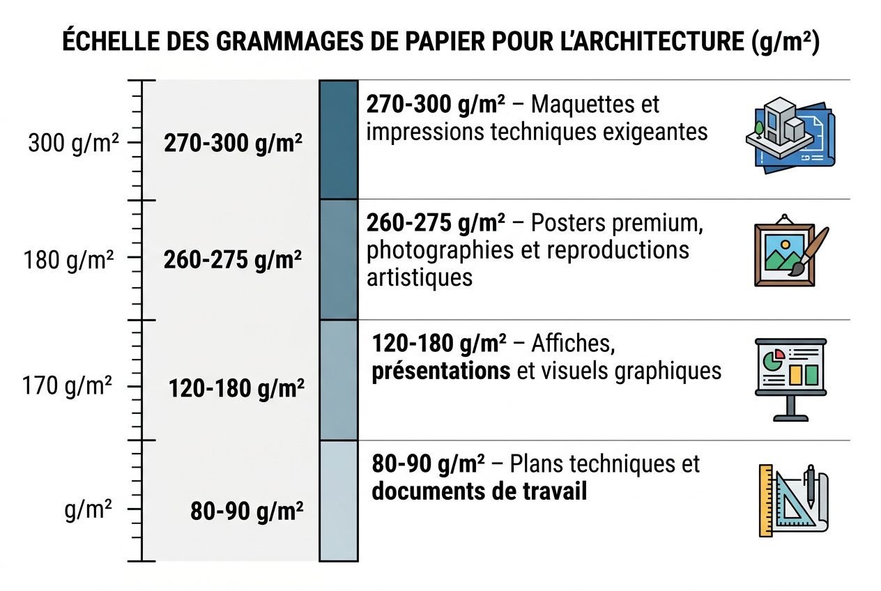 ÉCHELLE DES GRAMMAGES DE PAPIER POUR L’ARCHITECTURE (g/m²), catégories: 80-90 g/m² : plans techniques et documents, 120-180 g/m² : affiches et présentations, 260-275 g/m² : posters premium et reproductions artistiques, 270-300 g/m² : maquettes et impressions techniques exigeantes. Integrer le mot-clé: meilleur papier impression architecture pla naturally. Wait we must include keyword exactly? integrate naturally: "meilleur papier impression architecture pla". We'll craft alt text incorporating it. Also ensure length 50-125 chars. Let's craft: "Échelle de grammages: 80-90 à 270-300 g/m²; le meilleur papier impression architecture pla pour plans techniques et maquettes." Might be long. Count: approx 120. Let's finalize. Échelle des grammages de papier pour l’architecture (80-90 à 270-300 g/m²), le meilleur papier impression architecture pla pour plans techniques et maquettes.