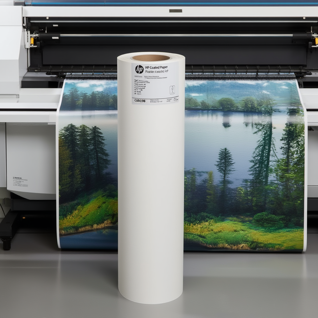 Équipement d’impression grand format avec rouleau de papier photo et impression d’un paysage naturel sur la bâche, prêt à être imprimé, résolution recommandée pour impression grand format intégrée.