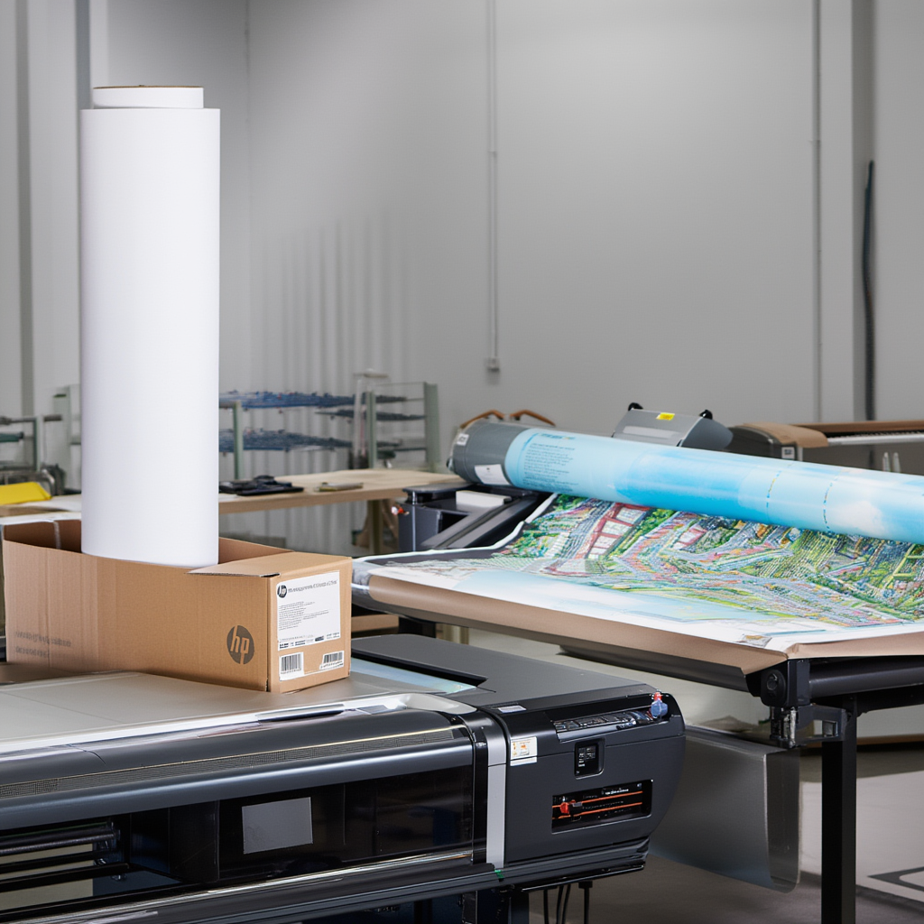Impression grand format en atelier: rouleau de papier et imprimante grand format en action, emballage HP prêt à l’emploi. résolution recommandée pour impression grand format intégrée si possible.