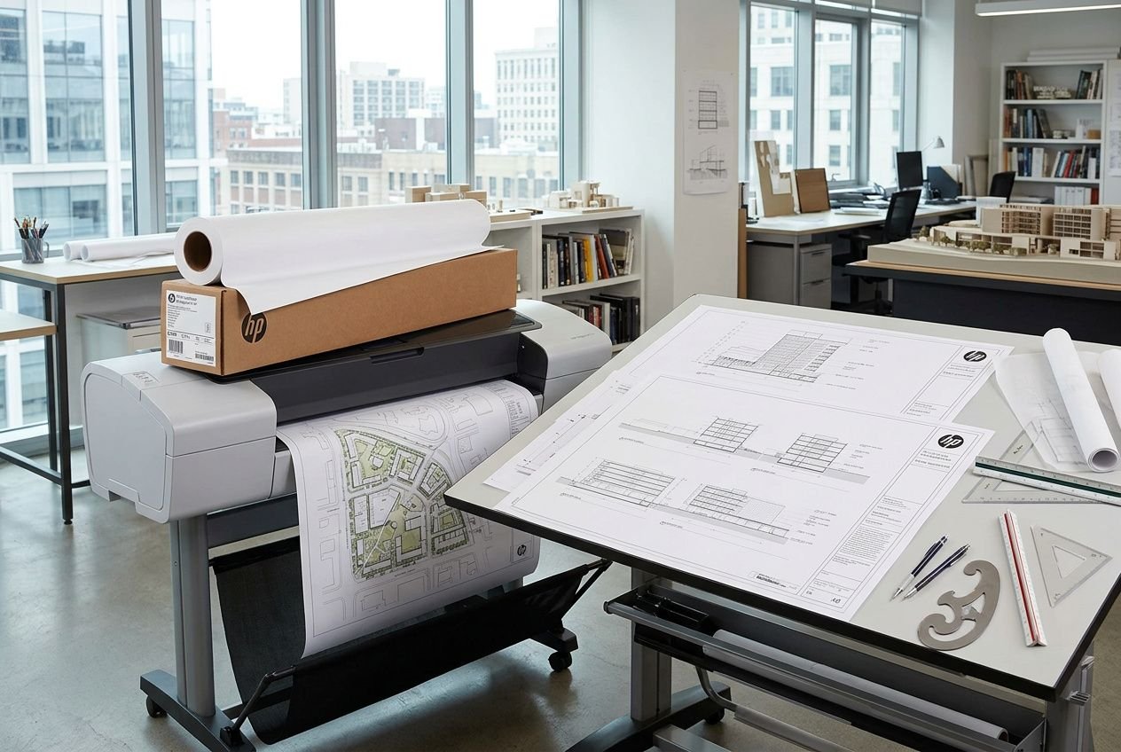 Impression grand format d’architecture : table de drafting avec plans techniques, rouleaux de papier et matériel d’atelier dans un bureau lumineux. meilleur papier impression architecture pla