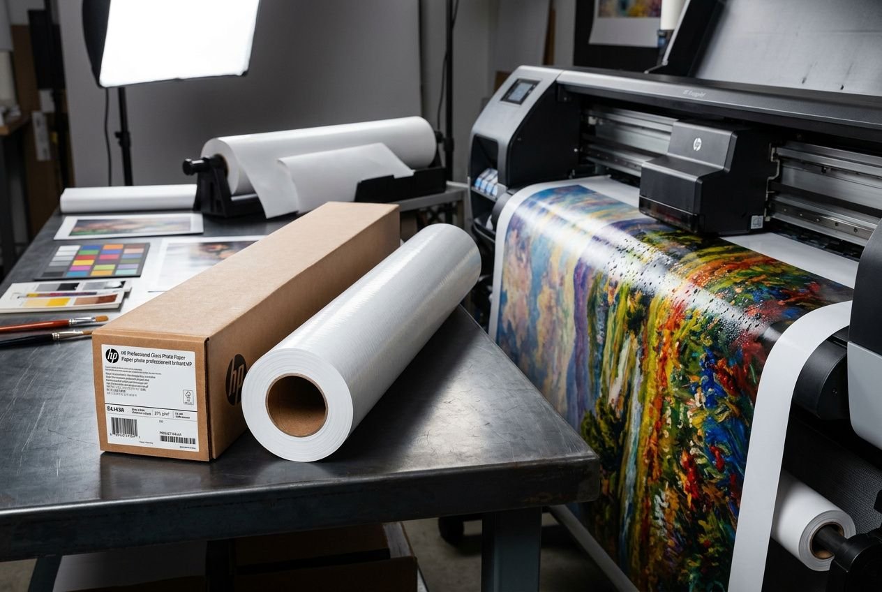 Impression grand format d’un atelier d’impression : rouleaux, carton et imprimante grand format pour reproduction photo artiste sur papier et toile.