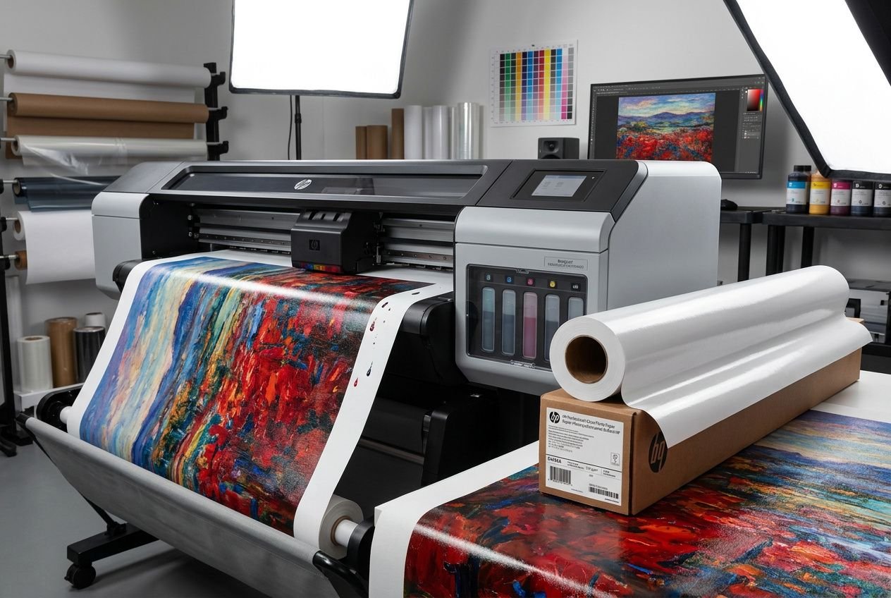 Impression grand format d’une reproduction photo artiste sur rouleau, avec imprimante professionnelle etFINISSAGE premium, encres couleur vibrant.