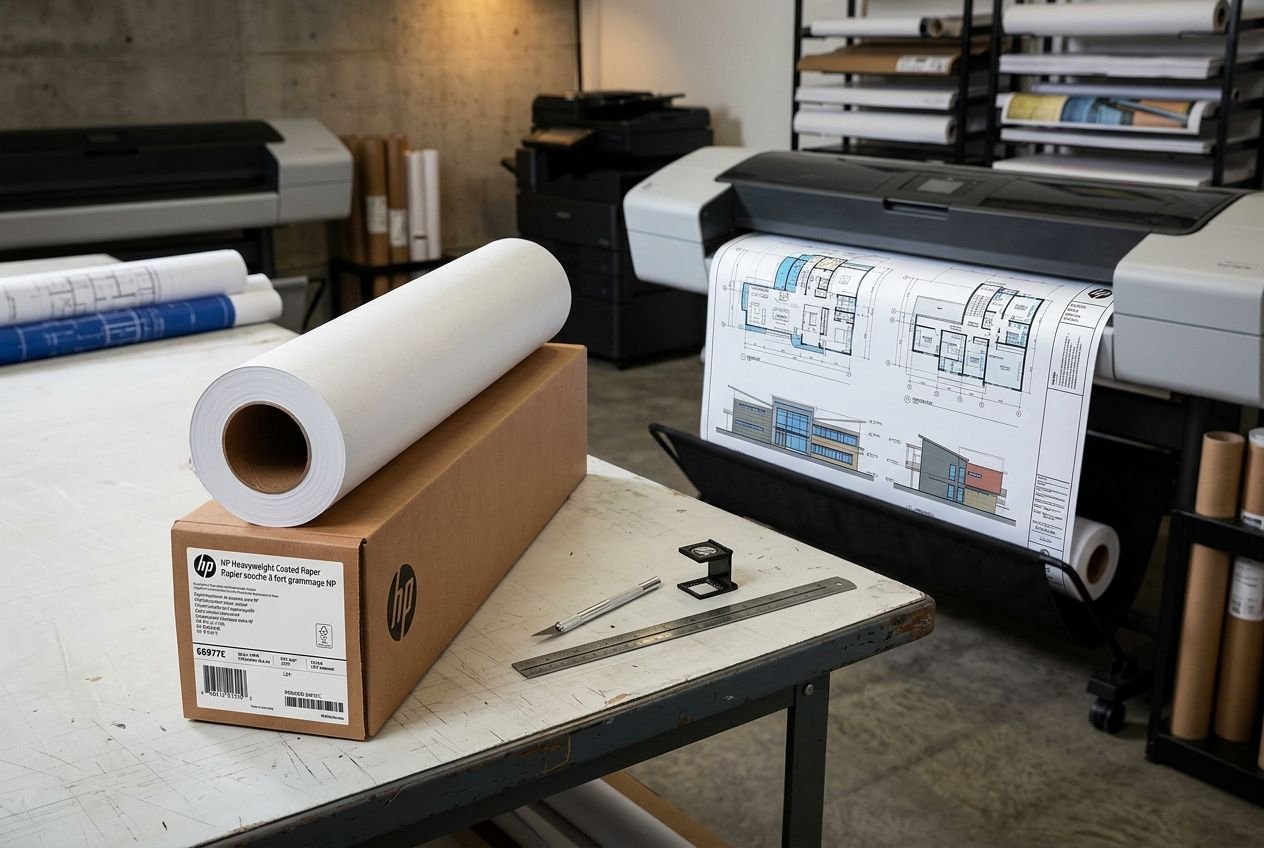 Impression grand format: rouleau de papier blanc sur carton HP, planches et machine d’impression numérique en arrière-plan. grammage papier impression intégré.