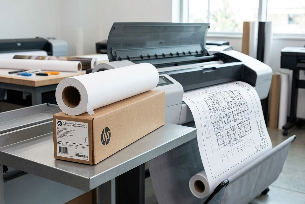 Impression grand format: traceur HP en action avec rouleau de papier blanc et plan/dessin imprimé sortant l’image.
