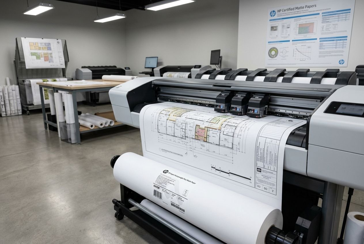 Impression grand format: traceur HP en fonctionnement avec plans techniques déroulés, installation et configuration à venir dans l’atelier.