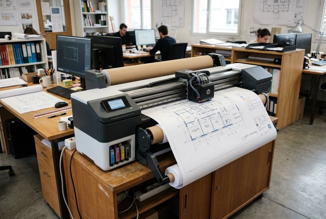 Impression grand format sur traceur imprimante en atelier, affiches/plans déroulés et écran tactile, entouré de postes de travail et d’équipements.