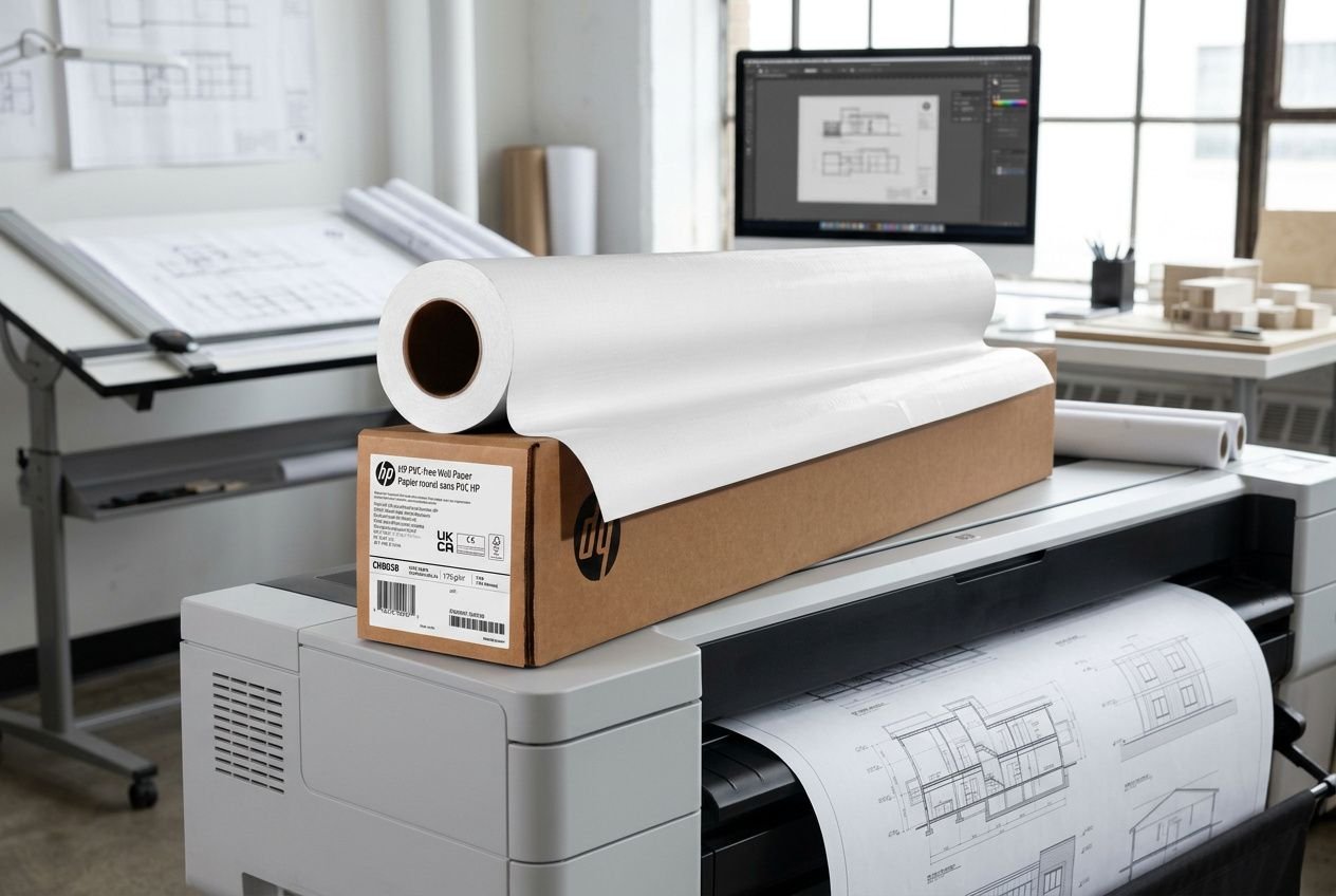 Impression laser sur papier beaux-arts traceur architecture: rouleau de papier blanc posé sur une imprimante grand format dans un atelier d’architecture.