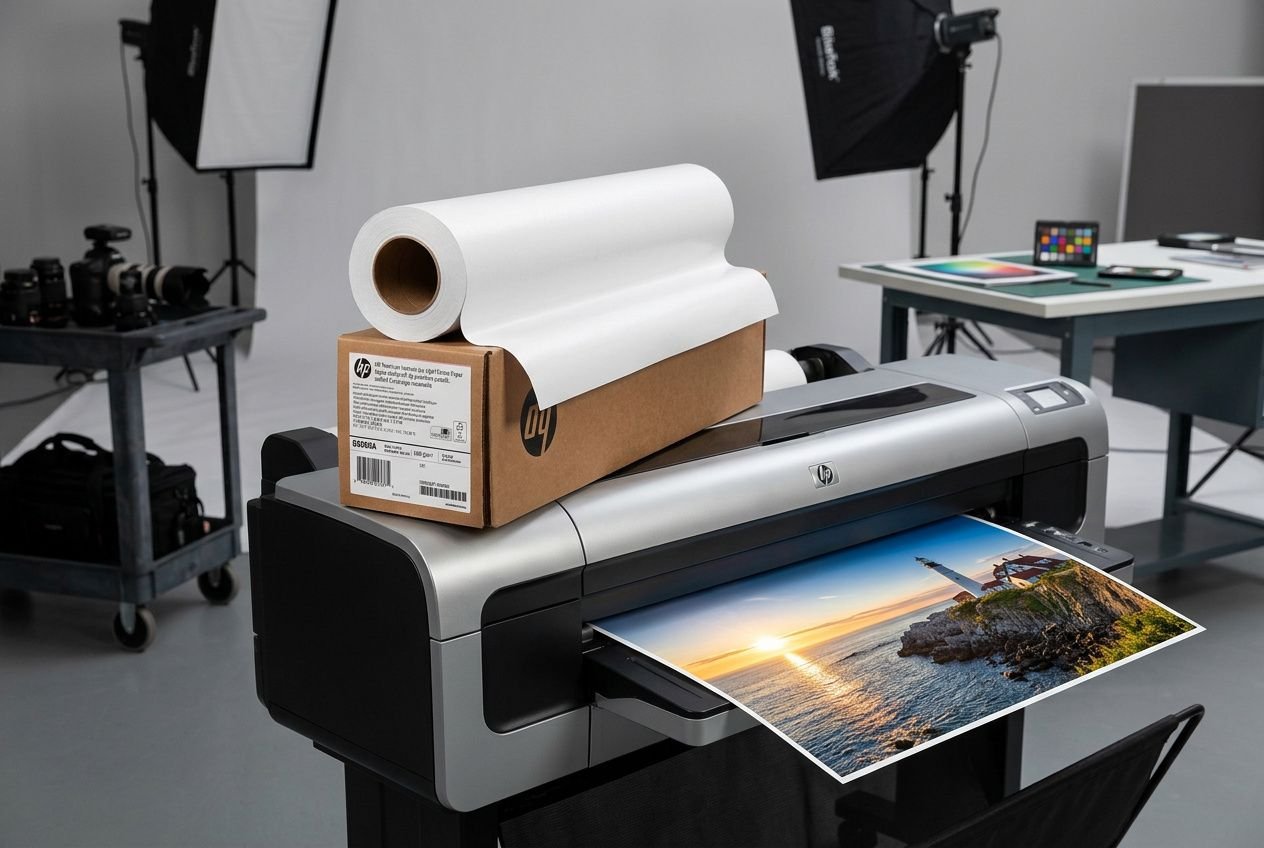 Impression photo qualité professionnelle : imprimante grand format avec papier photo; tirage en cours d’un paysage au coucher du soleil.