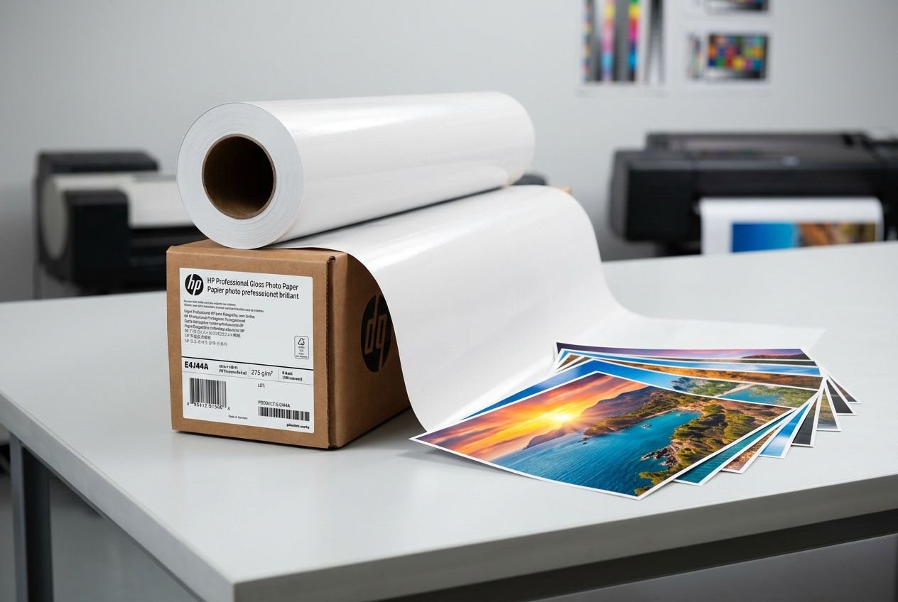 Impression photo qualité professionnelle: rouleau et papier photo brillant à côté d’un paquet HP, affichant des tirages colorés sur la table.