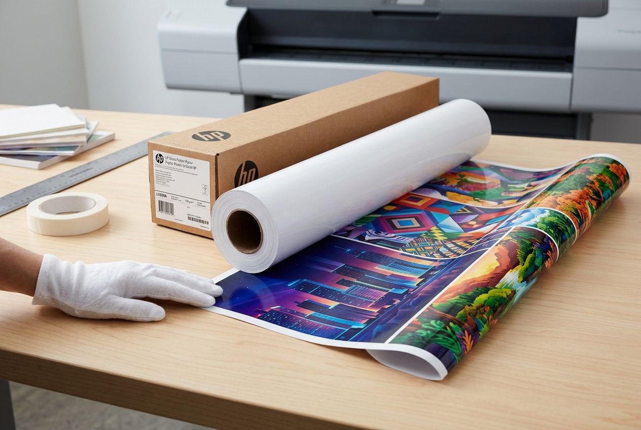 Impressionnante bobine de papier et rouleau brillant prêt à être utilisé, avec une boîte HP et planche imprimée colorée. grammage maximum papier pour imprimante