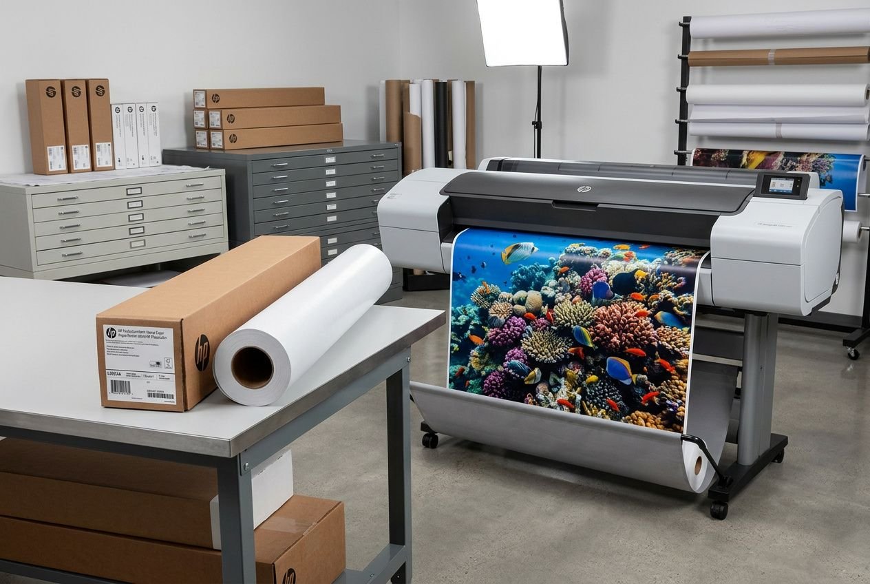 Impressionnante imprimante grand format en atelier, affichant un plan couleur sous le rouleau; ambiance d’impression et préparation de supports. Résolution d'impression standard pour les pla intégrée.