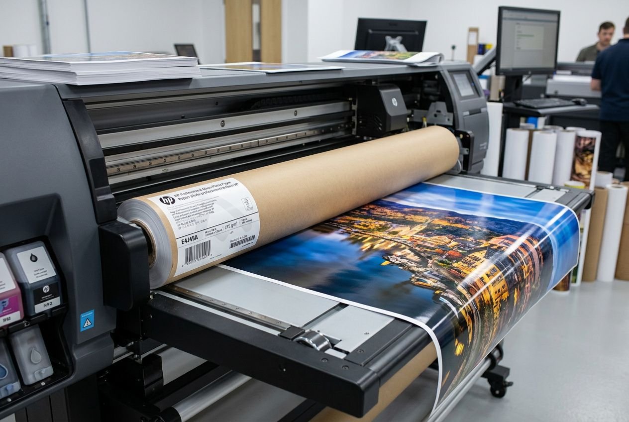 Imprimante grand format en action avec rouleau de papier réglant l’impression, affichant un panneau et des bobines autour. grammage maximum papier pour imprimante.