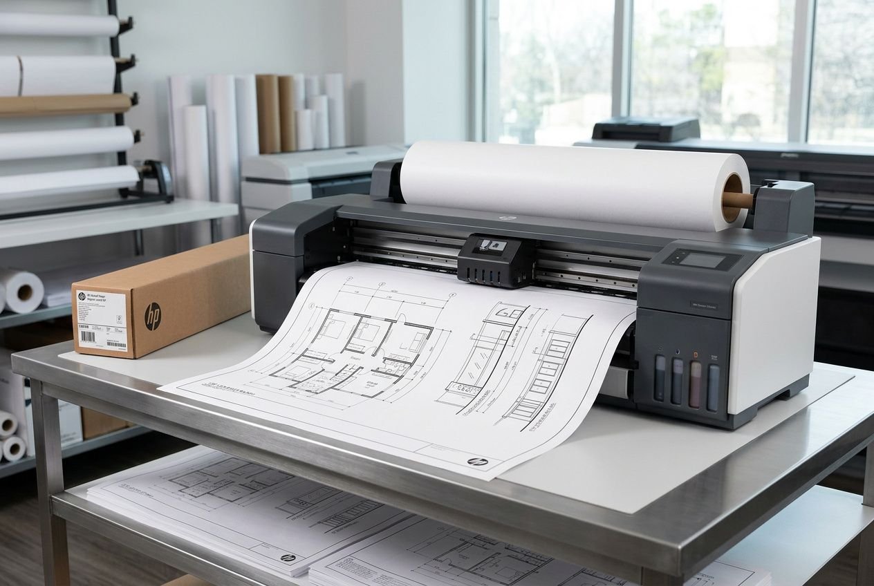 Imprimante grand format avec papier dessin sortant, rouleau en haut et plan d’architecte imprimé; rouleaux et boîtes autour dans un atelier. papier traceur c'est quoi intégré naturellement.