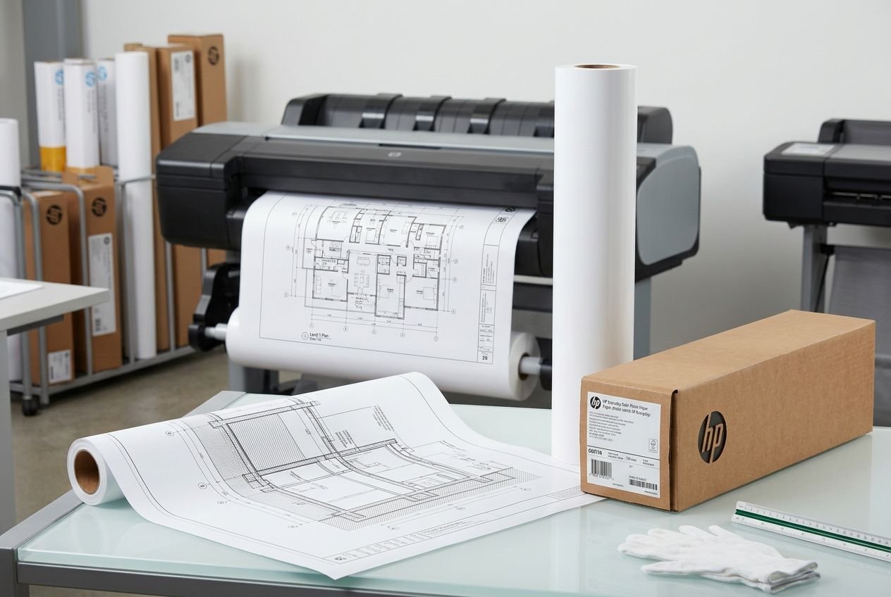 Imprimante grand format avec plans architecturaux déroulés sur la table et emballage HP à côté, lot de rouleaux et gants blancs. Comment imprimer en très grand format.