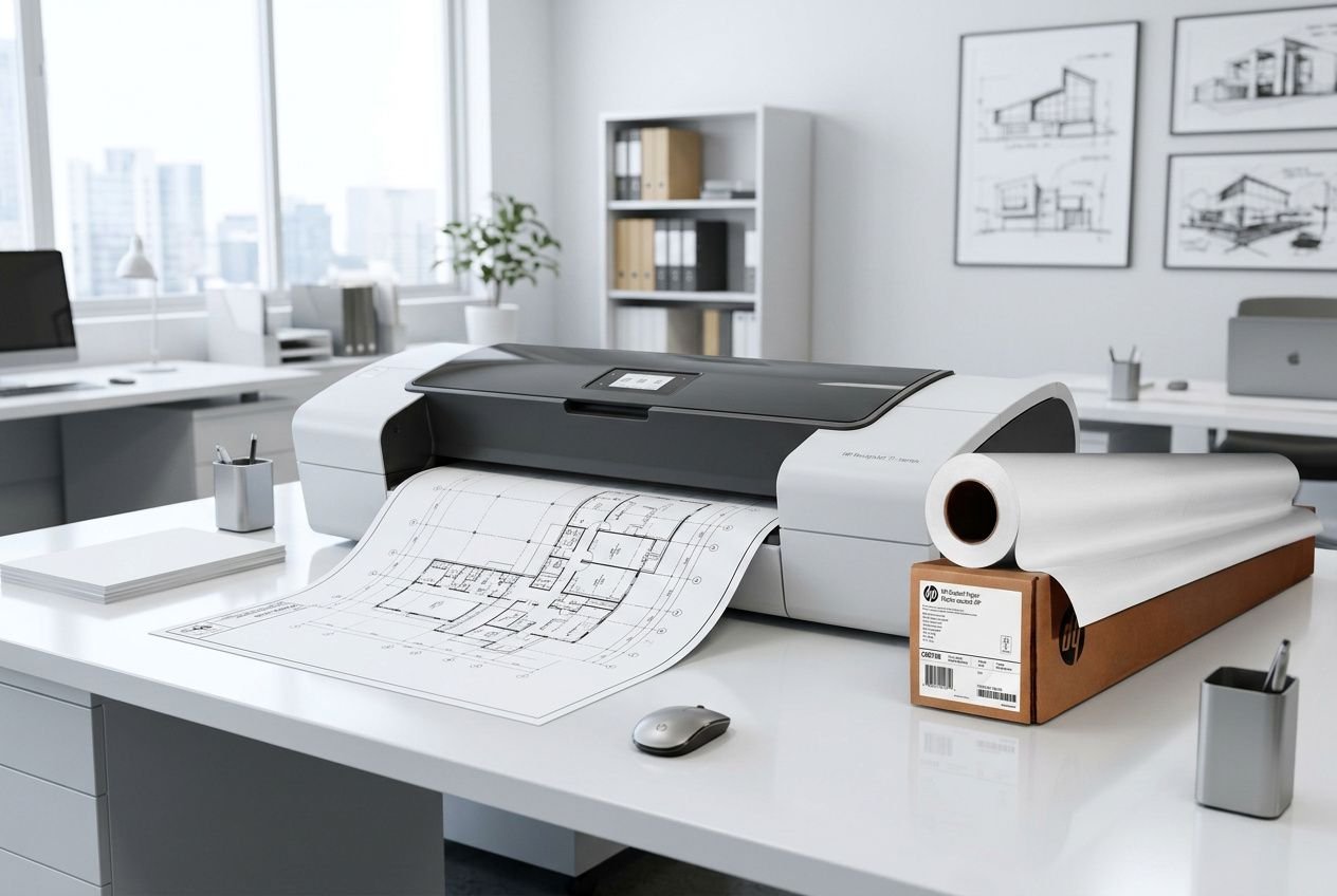 Imprimante traceur HP en atelier, papier traceur compatibilité hp se déroule sur une table avec plans techniques et rouleau DesignJet.