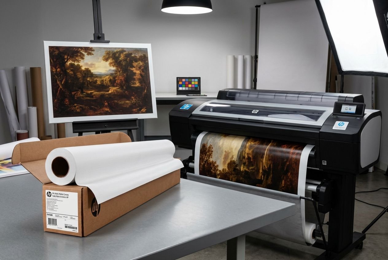 Laboratoire d’impression : traceur grand format, impression d’une reproduction photo artiste sur papier puis transfert sur toile en atelier.