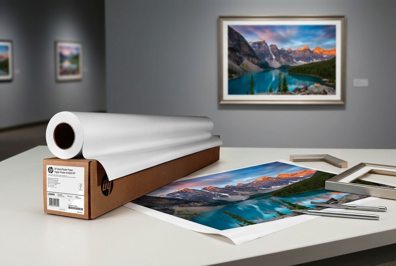 Papiers et cadre photo prêts à être montés, rouleau de papier photo sur une boîte, impression couleur de paysages et outils d’encadrement sur une table. photo mat ou brillant pour cadre.