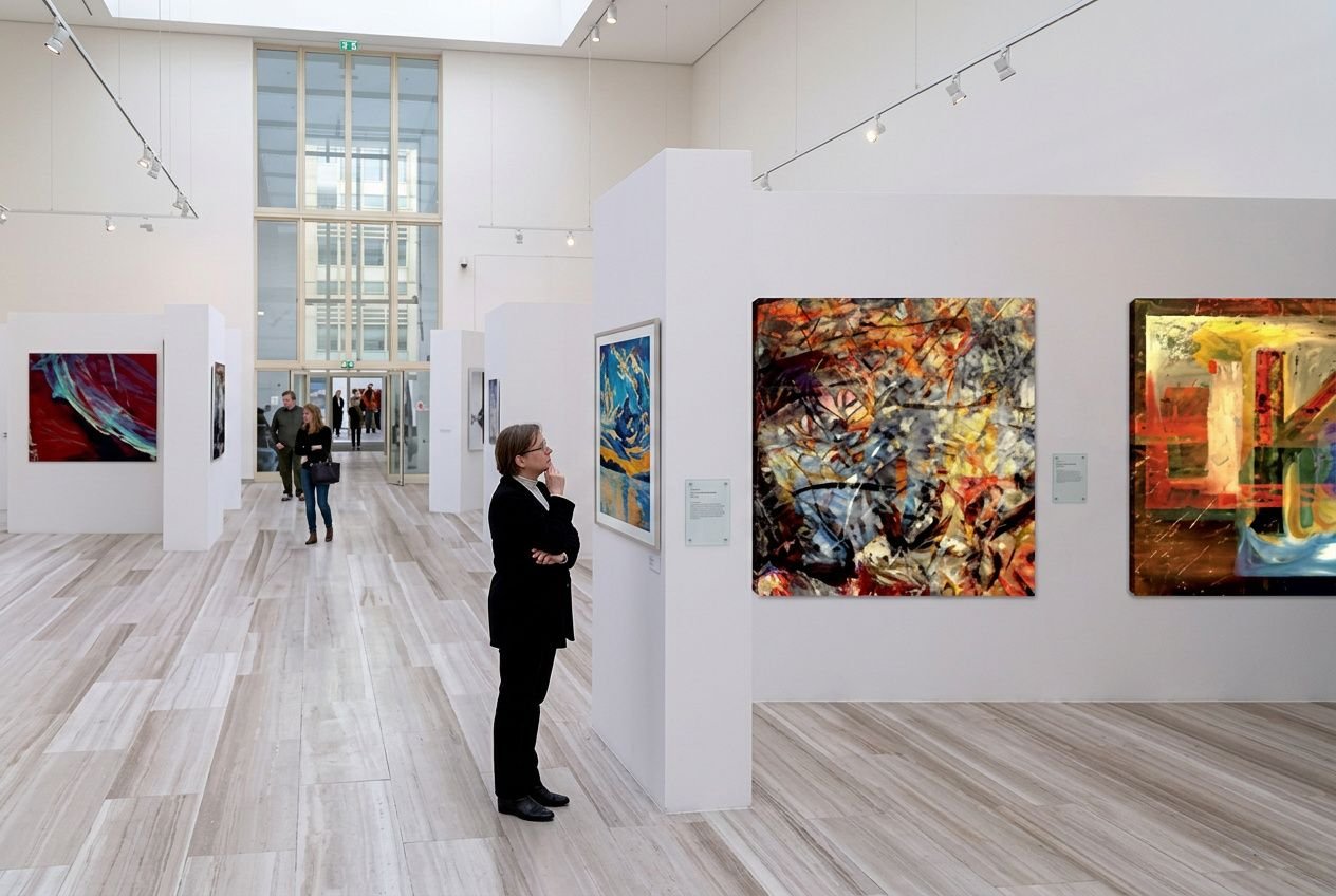 Personne observant des œuvres d'art abstraites affichées sur des cloisons dans une galerie lumineuse, avec dalles claires et grandes fenêtres. intégration du sujet: dimensions des formats de papier.