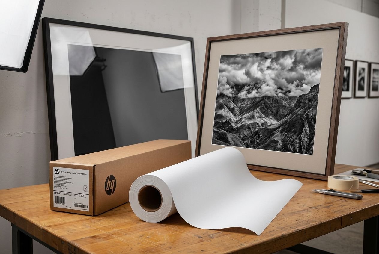 Photo mat ou brillant pour cadre : échantillon de papier photo sur une table avec cadre sobre et rouleau de papier, prêt à encadrer.