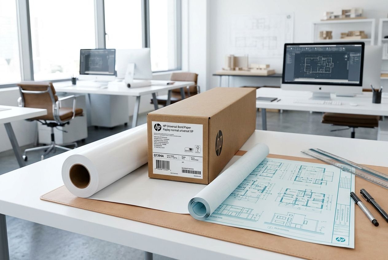Rouleaux et carton d’emballage HP “papier traceur c’est quoi” sur plan CAD bleu, en atelier grand format.