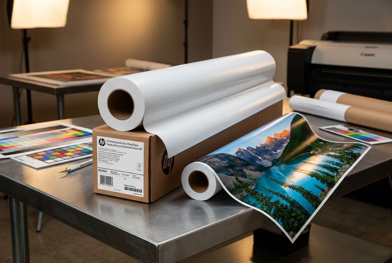 Rouleaux et échantillons de papier photo, imprimante et support couleur sur table; démo de choix de papier brillant, satiné ou mat. => intégration: comment choisir papier photo.