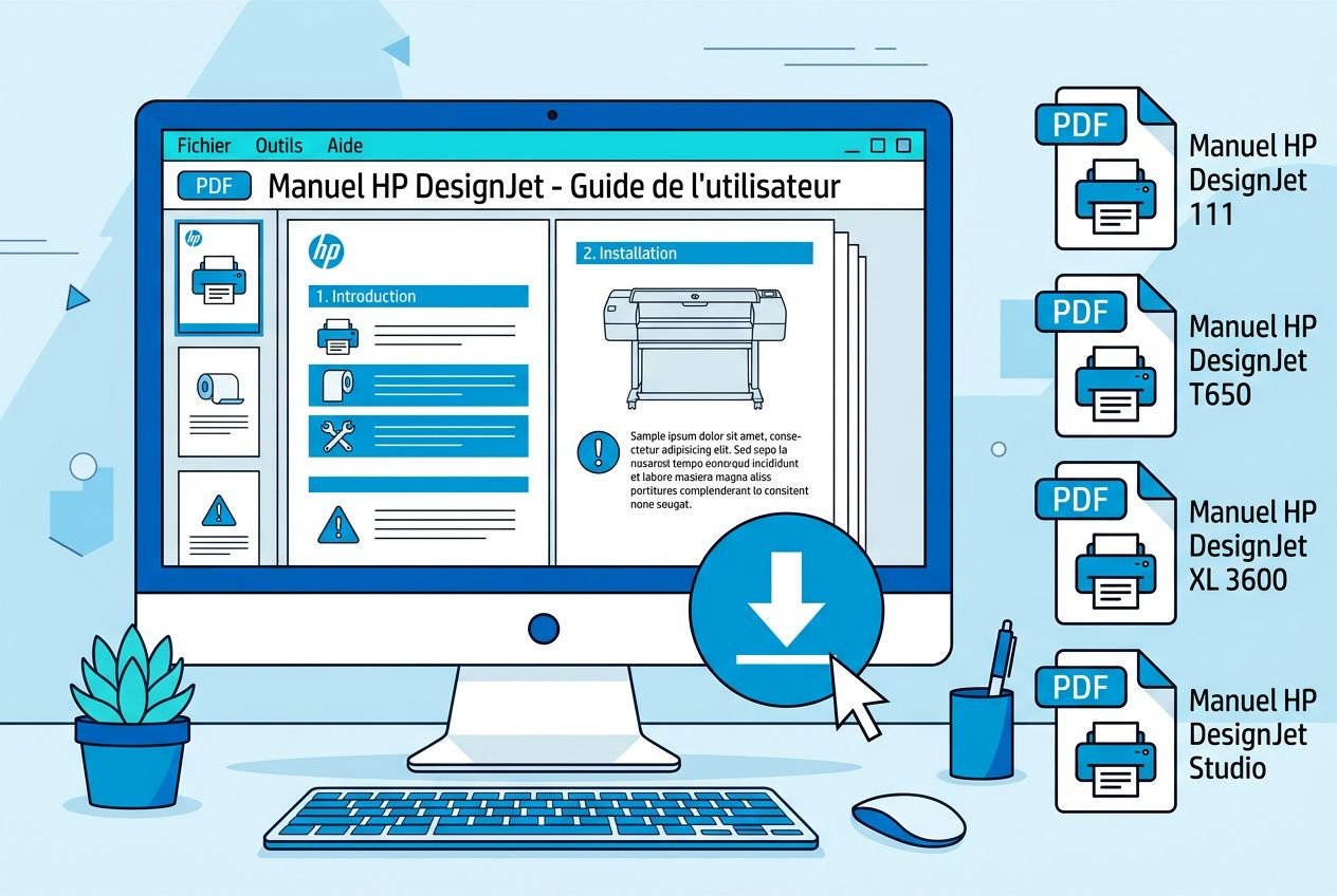 Traceur hp designjet guide complet : écran d’ordinateur montrant le manuel HP DesignJet : téléchargement du PDF et icônes de guides (DesignJet 111, T650, XL 3600, Studio).