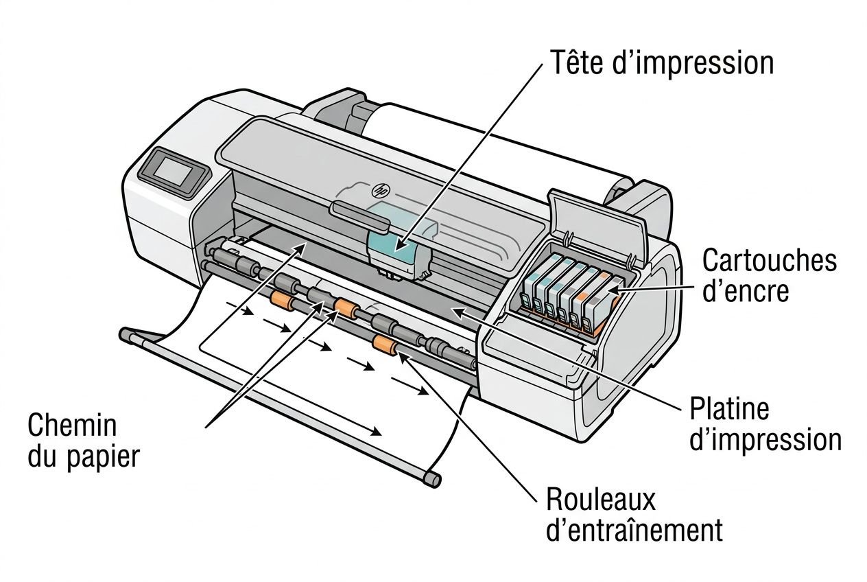 Traceur hp designjet guide complet: schéma technique d’un traceur grand format montrant tête d’impression, cartouches d’encre, platine d’impression, rouleaux d’entraînement et chemin du papier.