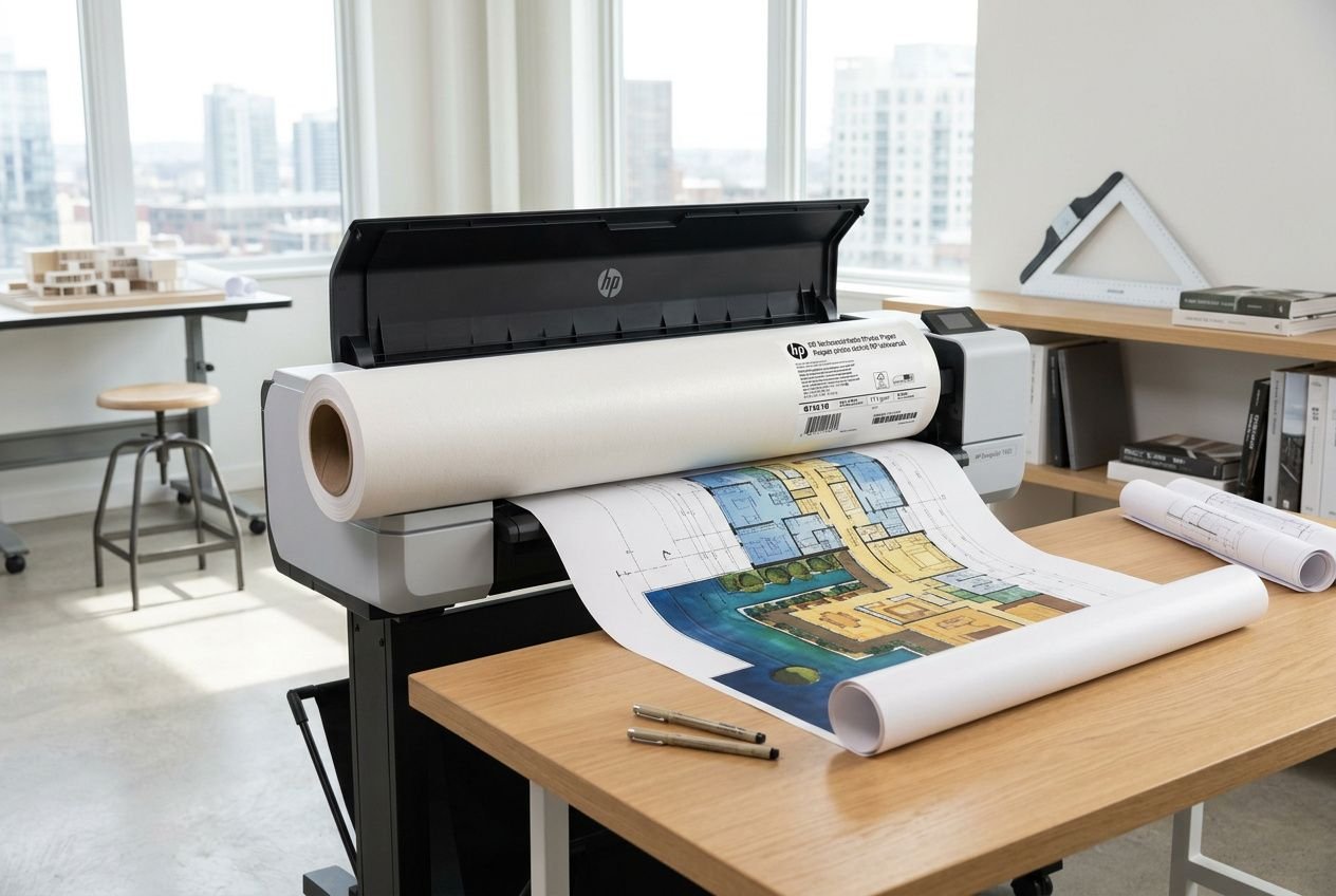 Traceur HP DesignJet T230 en action sur un bureau, impression d’un grand plan architectural, rouleau papier blanc et outils à proximité, idéal pour le traceur hp designjet t230.