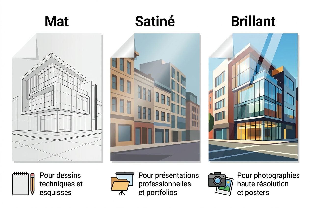 Trois types de papier impression architecture pla: Mat, Satiné et Brillant, utilisés pour dessins techniques, présentations pro et photos haute résolution.