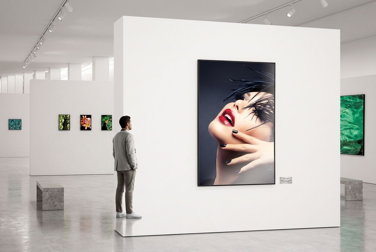 Visuel d’une galerie d’art moderne avec un grand tirage sur panneau blanc présenter sur un mur, homme en costume observant le portrait central.